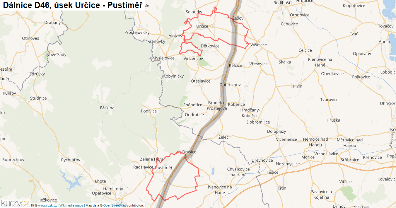 Úsek Určice - Pustiměř, Dálnice D46 - Mapa