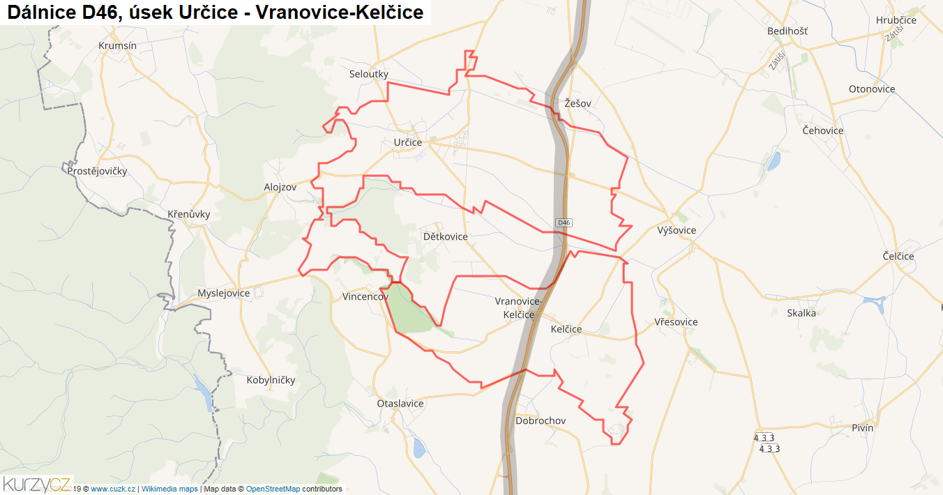 Úsek Určice - Vranovice-Kelčice, Dálnice D46 - Mapa