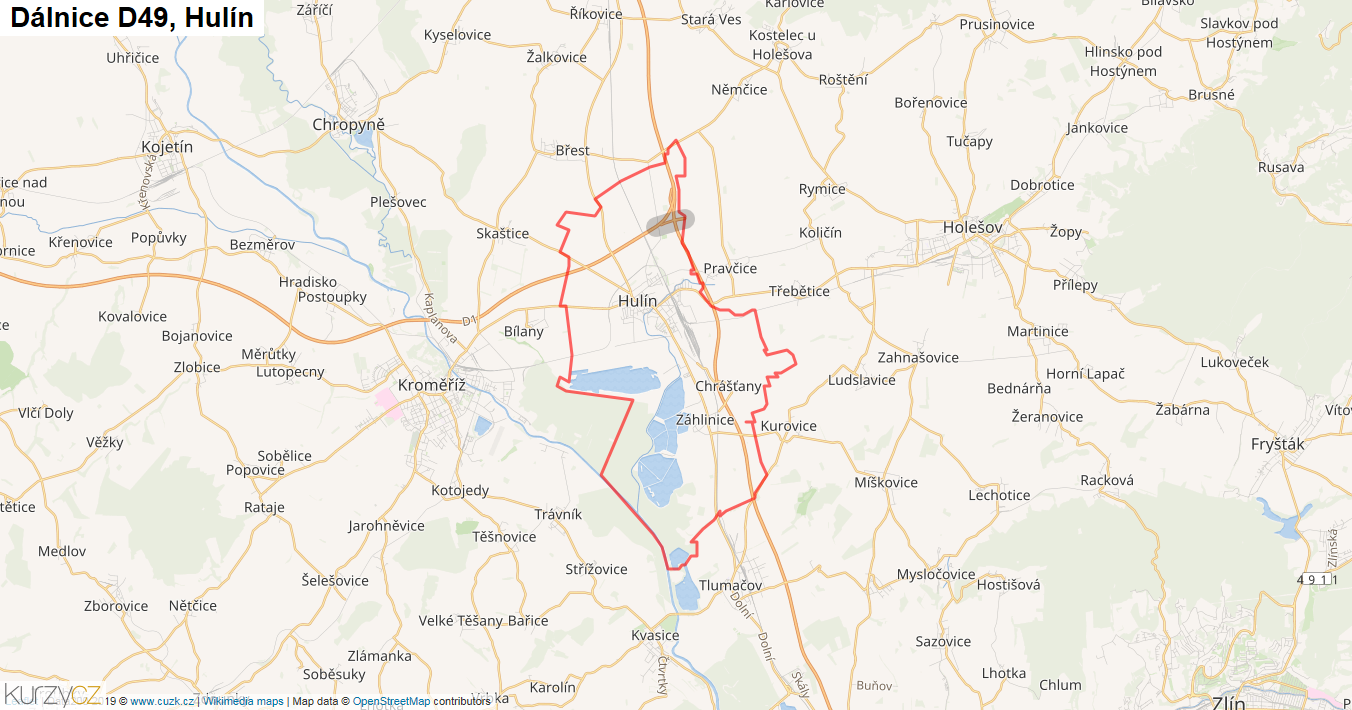 Hulín, Dálnice D49 - Mapa