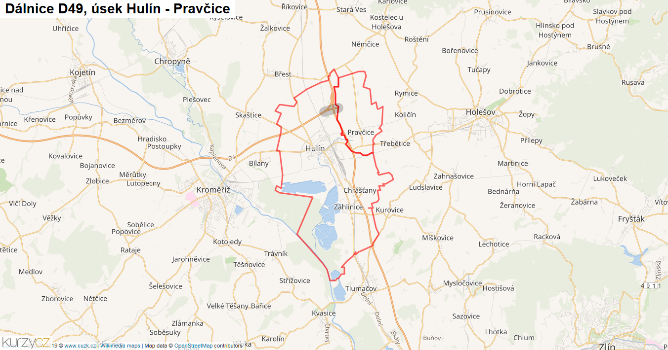 Úsek Hulín - Pravčice, Dálnice D49 - Mapa