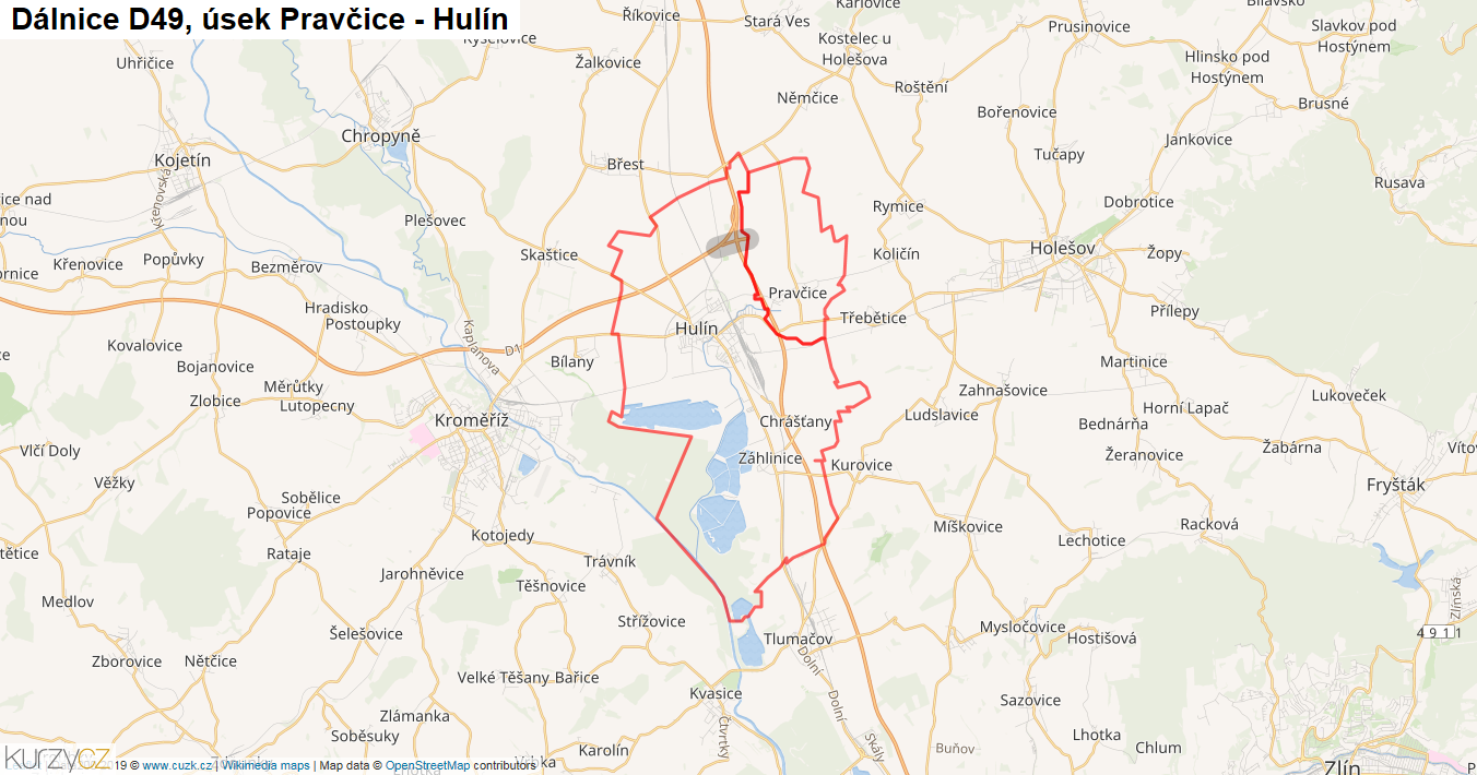 Úsek Pravčice - Hulín, Dálnice D49 - Mapa