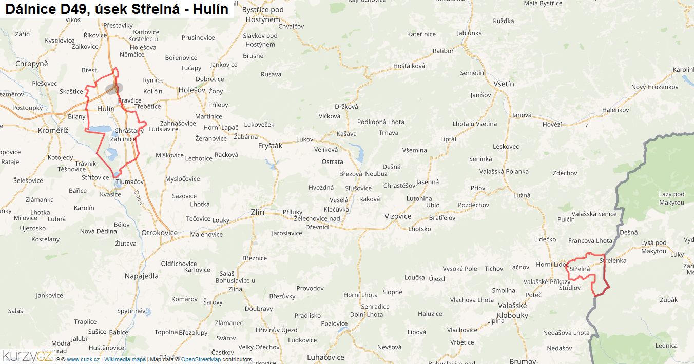 Úsek Střelná - Hulín, Dálnice D49 - Mapa