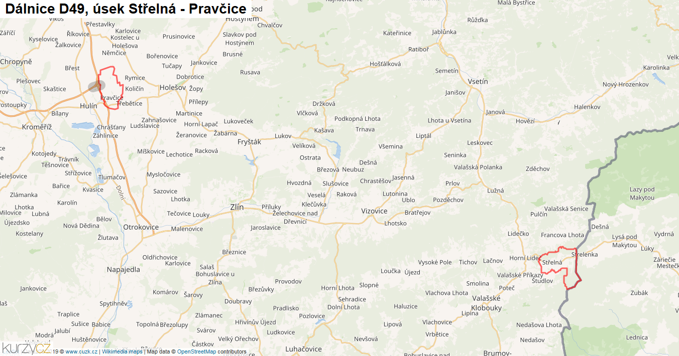 Úsek Střelná - Pravčice, Dálnice D49 - Mapa