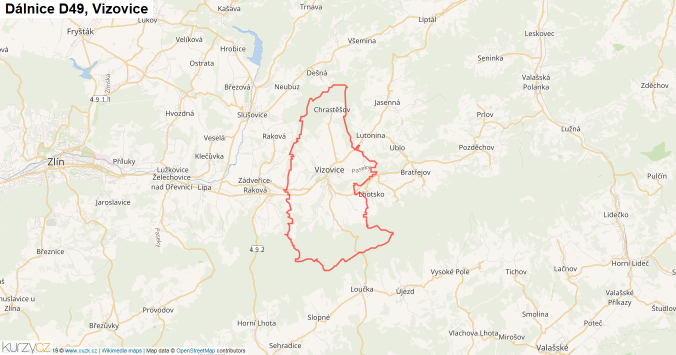 Vizovice, Dálnice D49 - Mapa