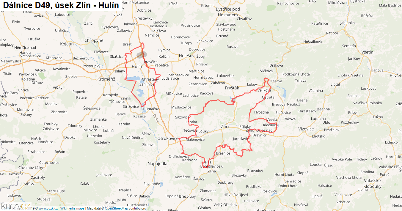 Úsek Zlín - Hulín, Dálnice D49 - Mapa
