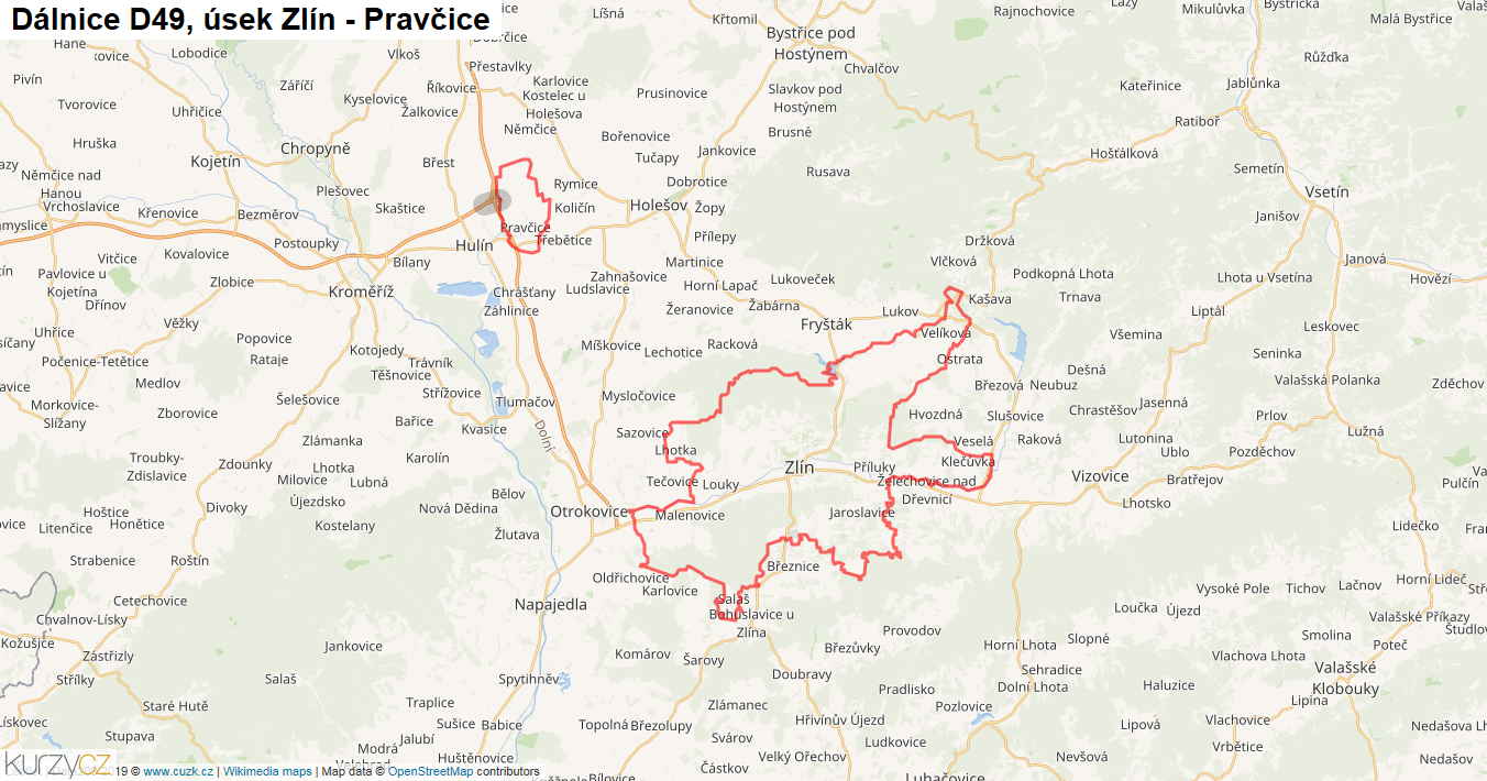 Úsek Zlín - Pravčice, Dálnice D49 - Mapa