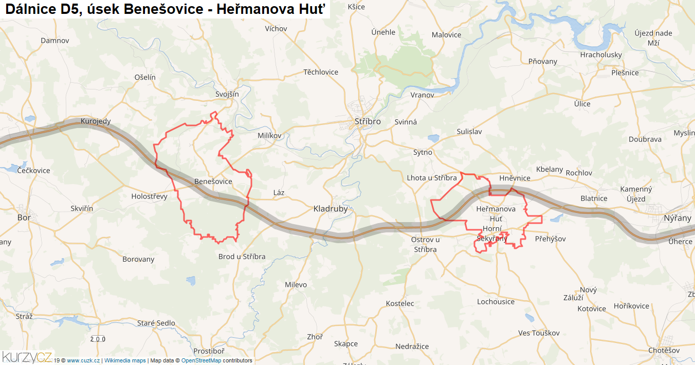 Úsek Benešovice - Heřmanova Huť, Dálnice D5 - Mapa