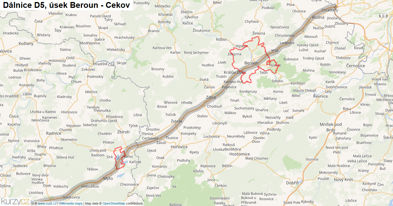Úsek Beroun - Cekov, Dálnice D5 - Mapa