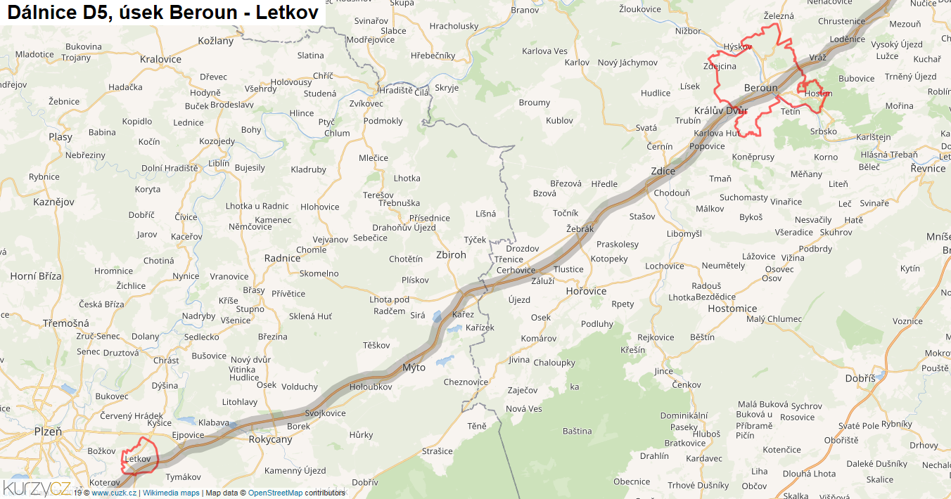 Úsek Beroun - Letkov, Dálnice D5 - Mapa