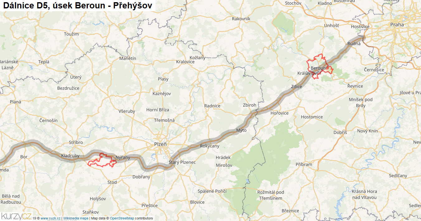 Úsek Beroun - Přehýšov, Dálnice D5 - Mapa