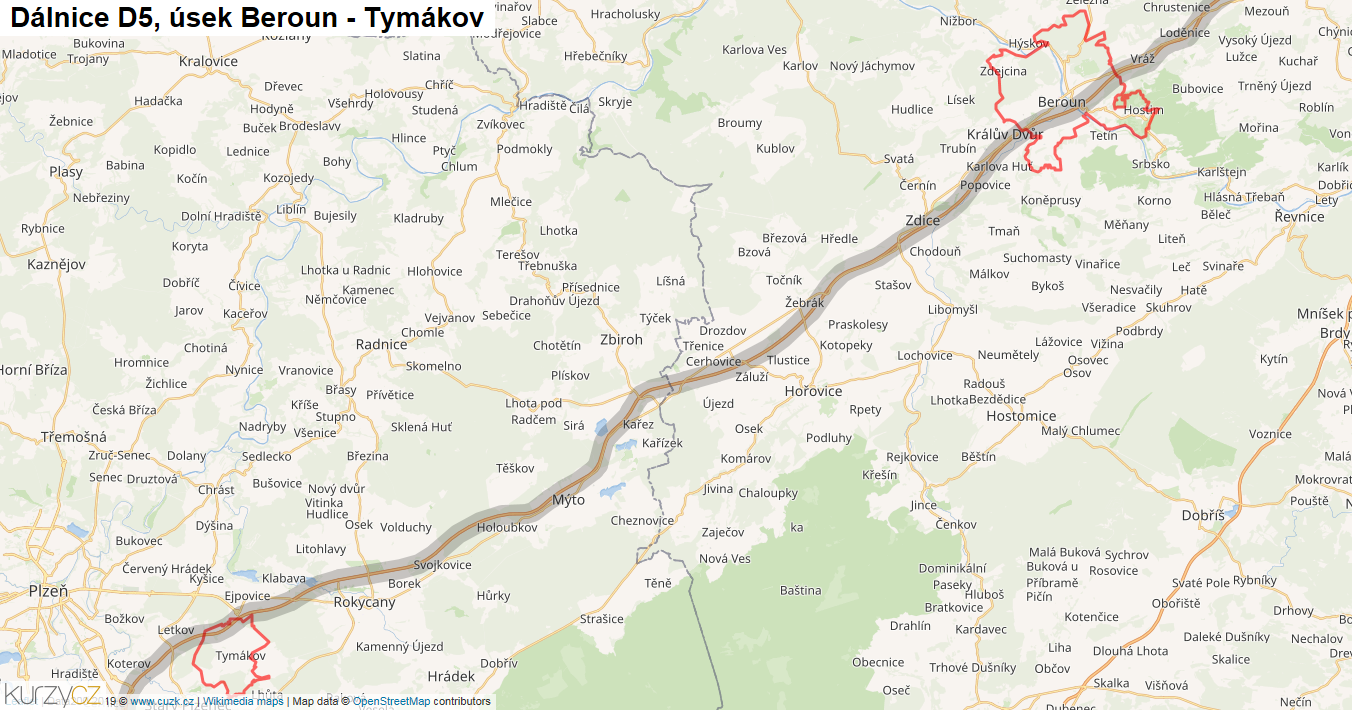 Úsek Beroun - Tymákov, Dálnice D5 - Mapa