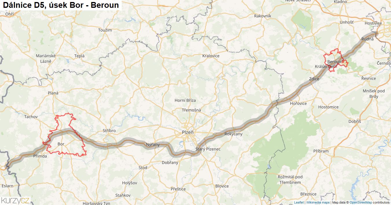 Úsek Bor - Beroun, Dálnice D5 - Mapa