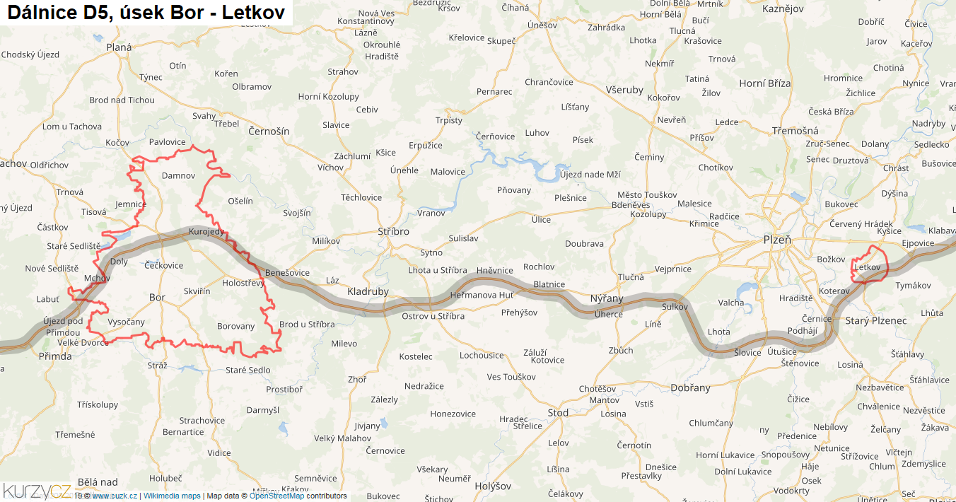 Úsek Bor - Letkov, Dálnice D5 - Mapa