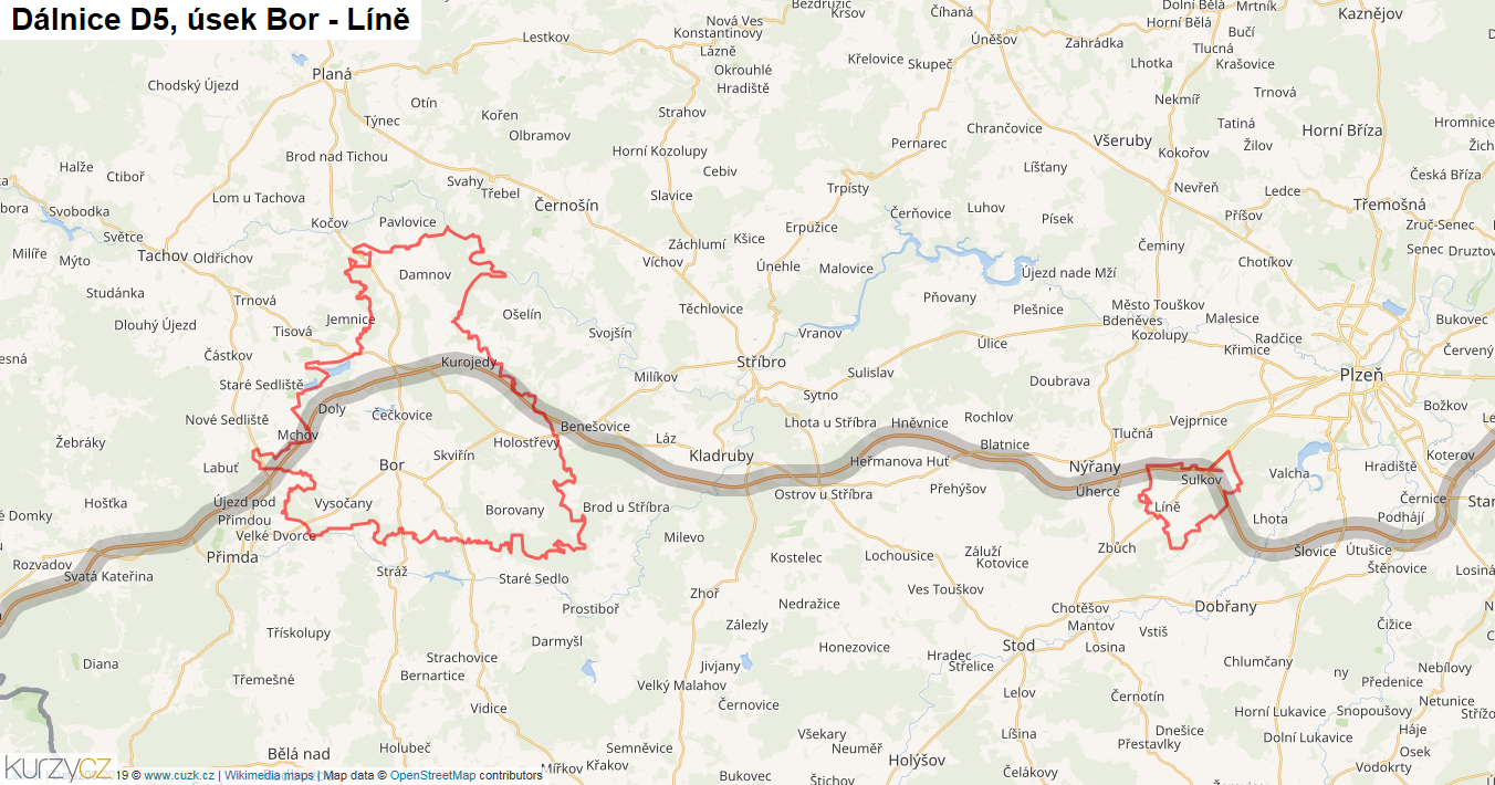 Úsek Bor - Líně, Dálnice D5 - Mapa