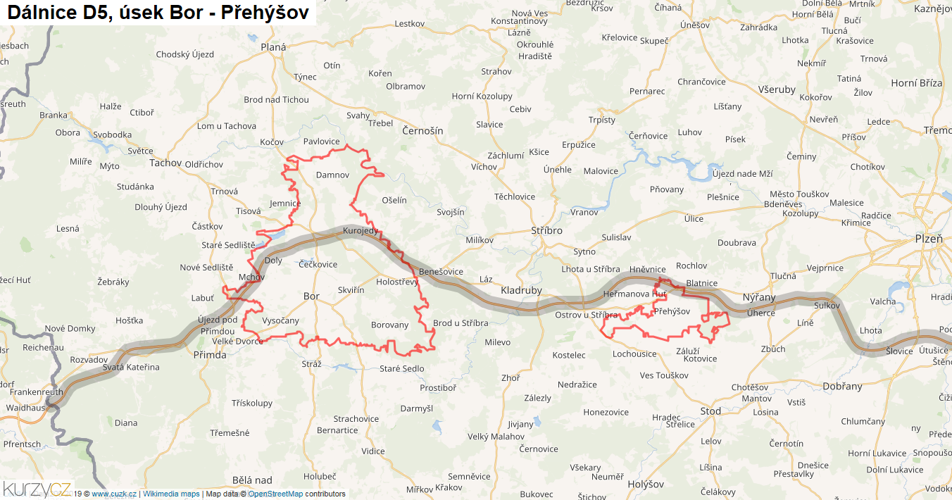 Úsek Bor - Přehýšov, Dálnice D5 - Mapa