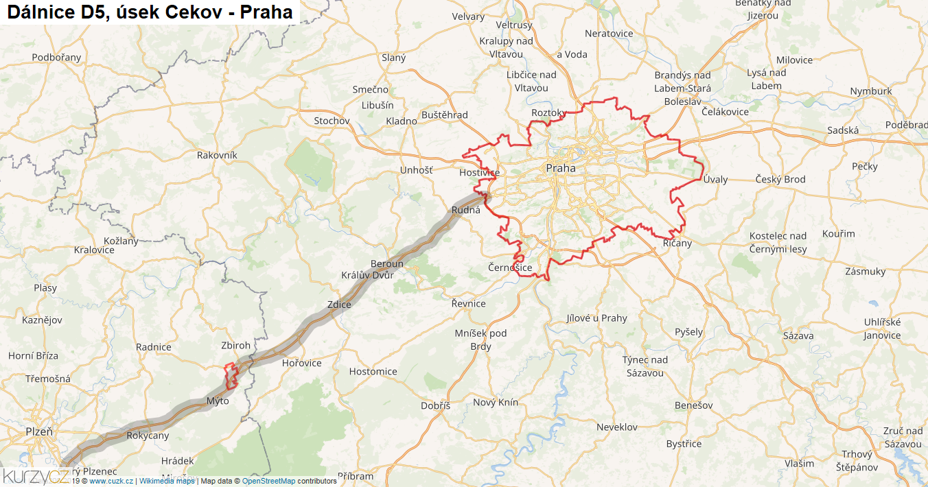 Úsek Cekov - Praha, Dálnice D5 - Mapa