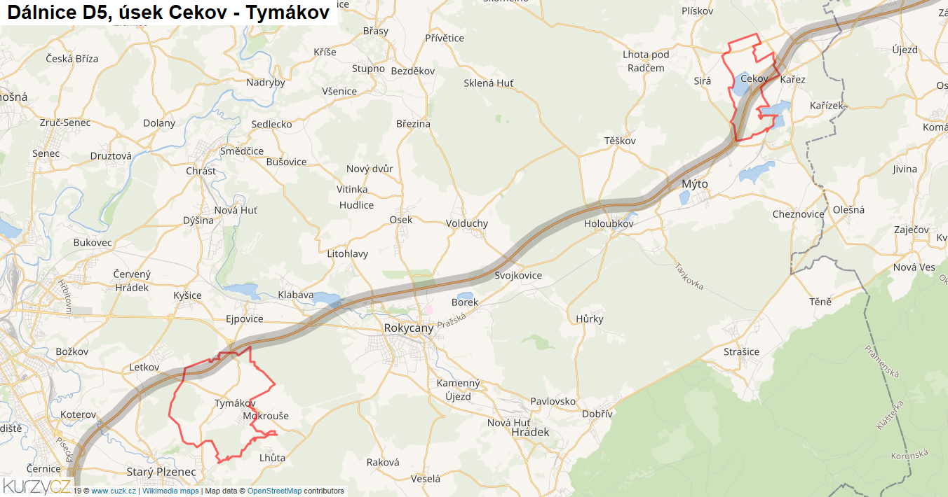 Úsek Cekov - Tymákov, Dálnice D5 - Mapa