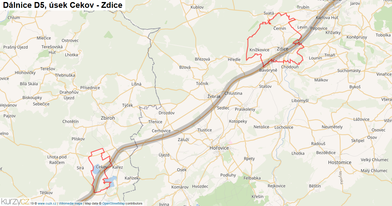 Úsek Cekov - Zdice, Dálnice D5 - Mapa