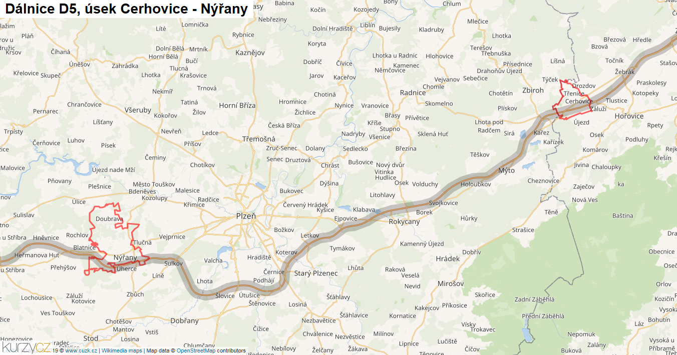 Úsek Cerhovice - Nýřany, Dálnice D5 - Mapa