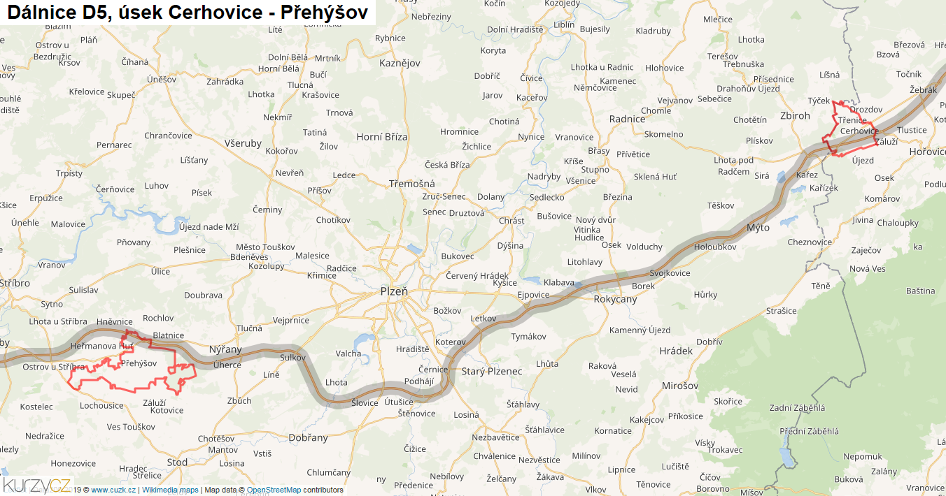 Úsek Cerhovice - Přehýšov, Dálnice D5 - Mapa