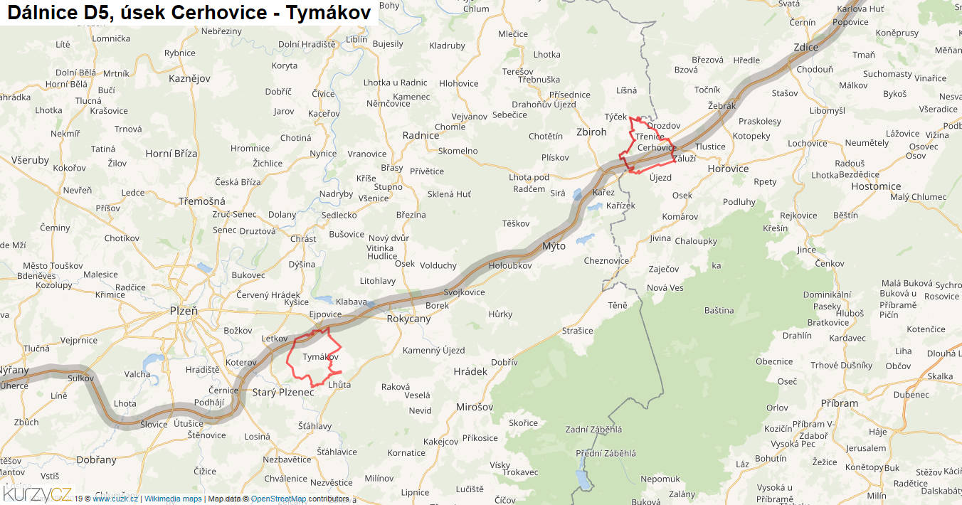 Úsek Cerhovice - Tymákov, Dálnice D5 - Mapa