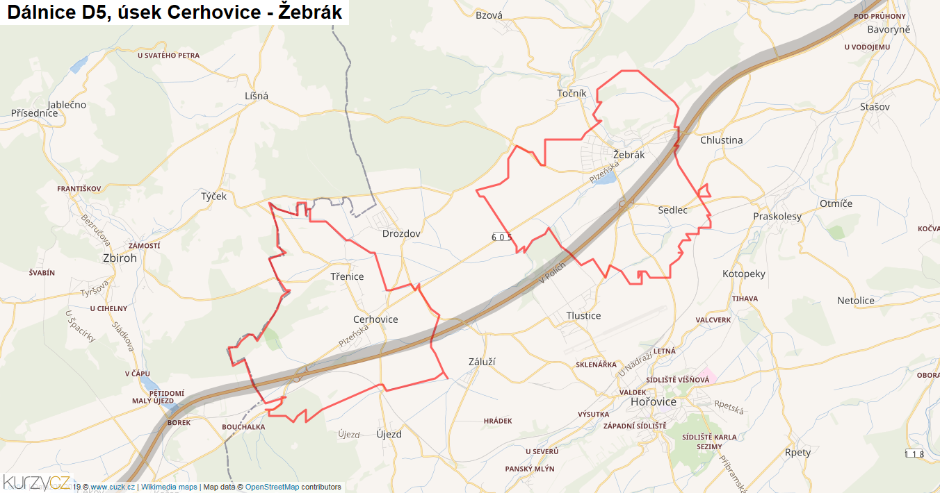 Úsek Cerhovice - Žebrák, Dálnice D5 - Mapa
