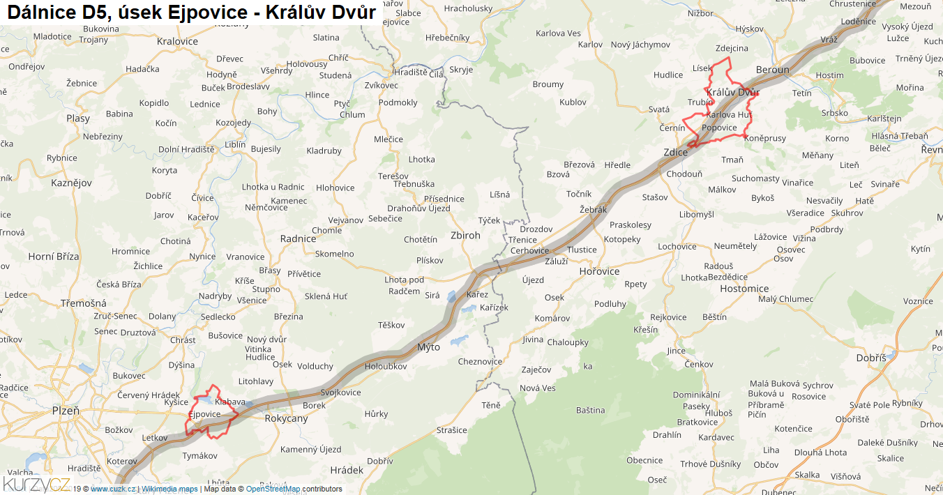 Úsek Ejpovice - Králův Dvůr, Dálnice D5 - Mapa