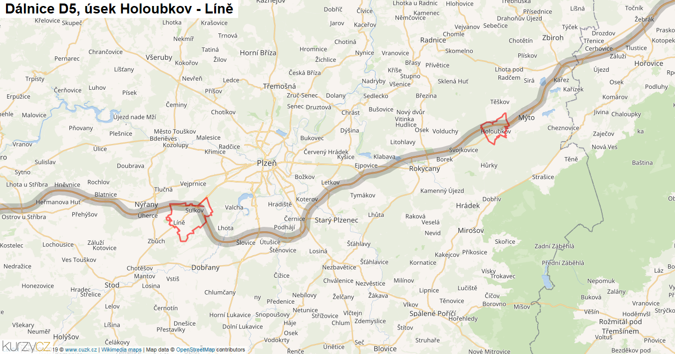 Úsek Holoubkov - Líně, Dálnice D5 - Mapa