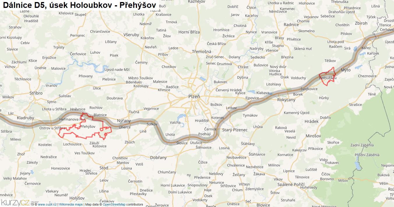 Úsek Holoubkov - Přehýšov, Dálnice D5 - Mapa