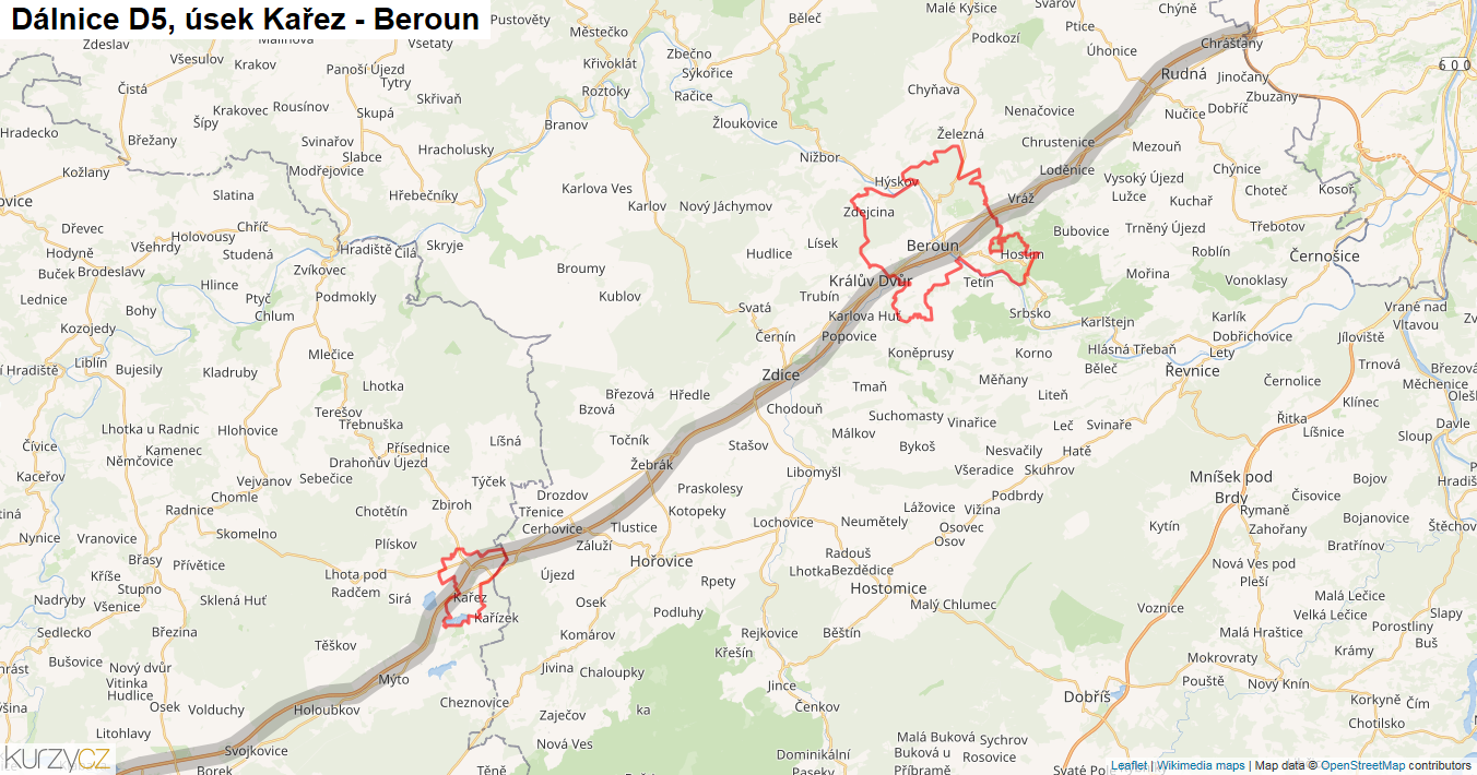 Úsek Kařez - Beroun, Dálnice D5 - Mapa