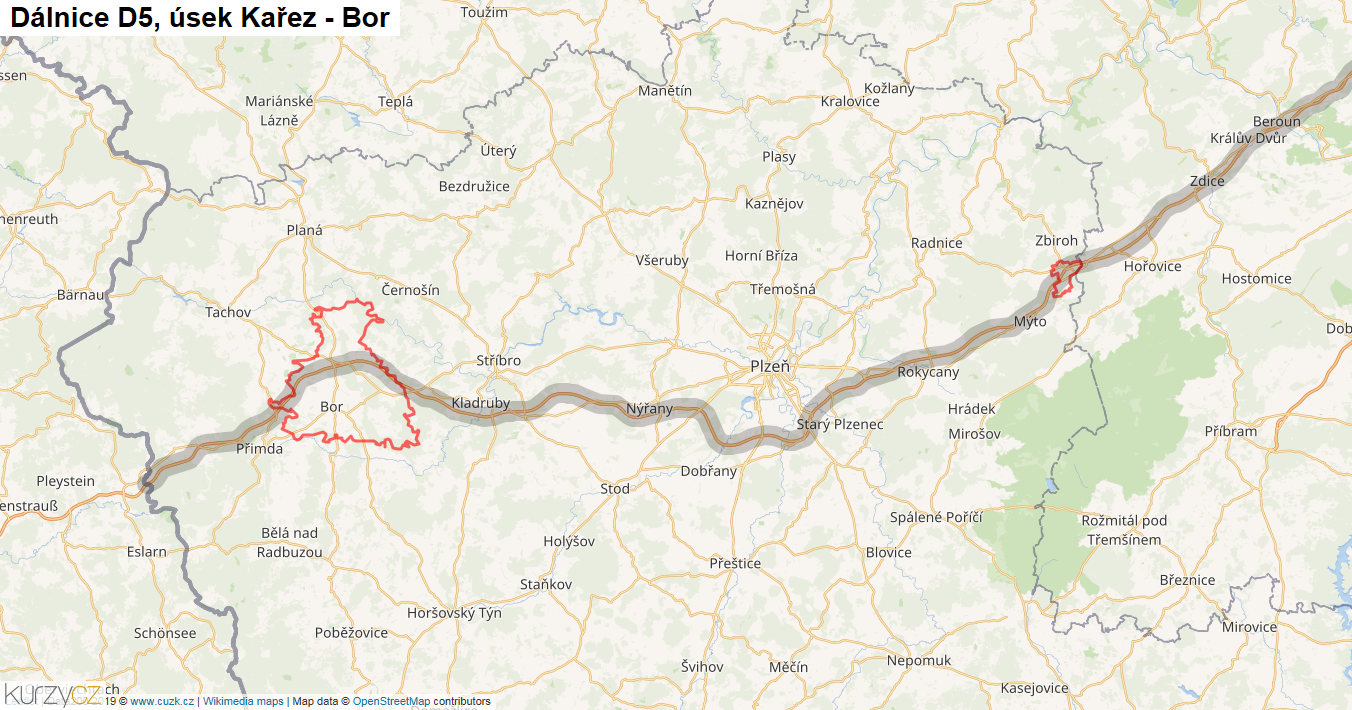 Úsek Kařez - Bor, Dálnice D5 - Mapa