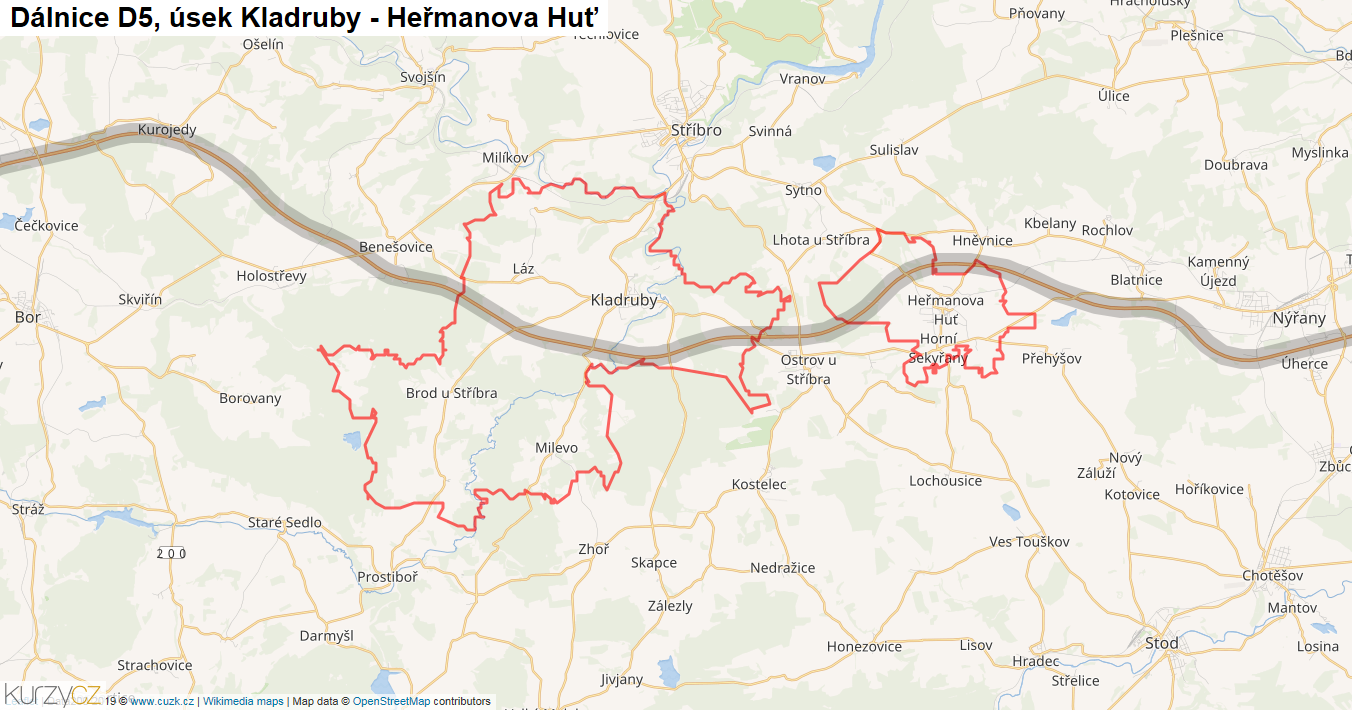 Úsek Kladruby - Heřmanova Huť, Dálnice D5 - Mapa