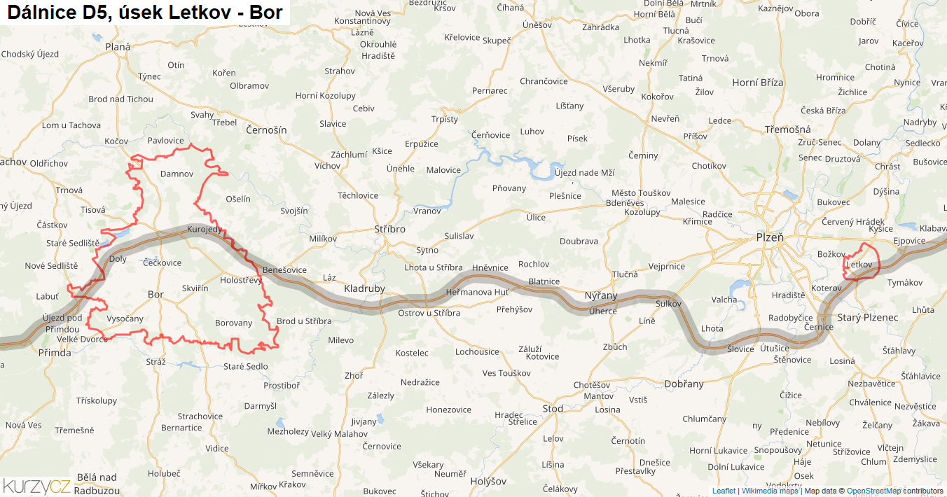 Úsek Letkov - Bor, Dálnice D5 - Mapa