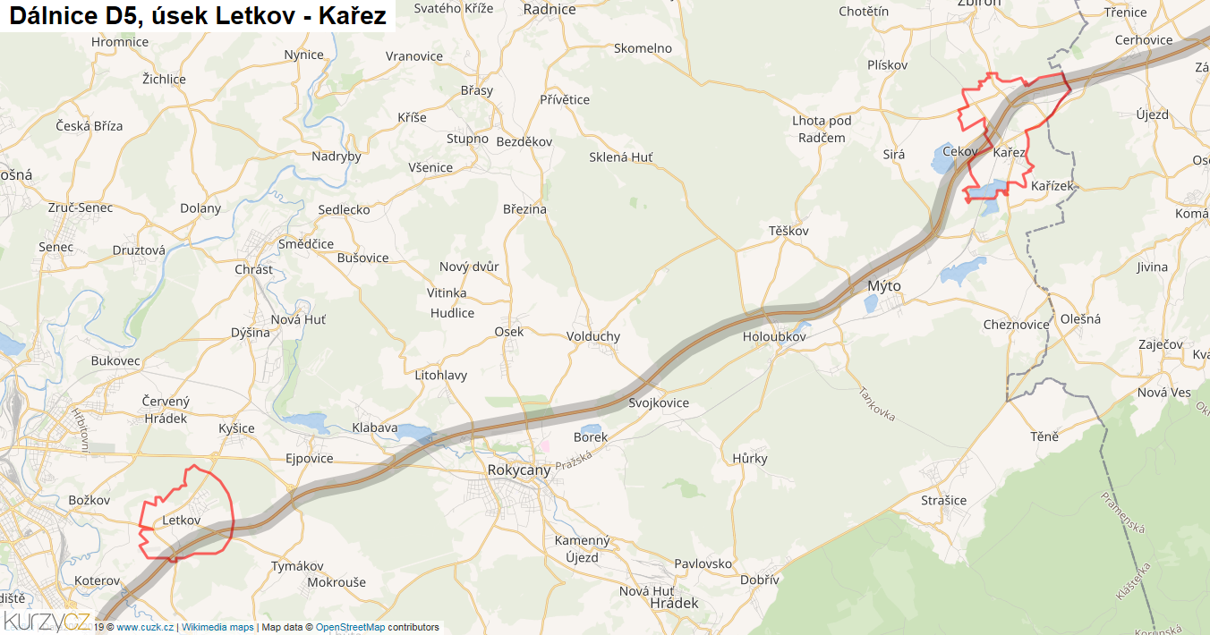 Úsek Letkov - Kařez, Dálnice D5 - Mapa