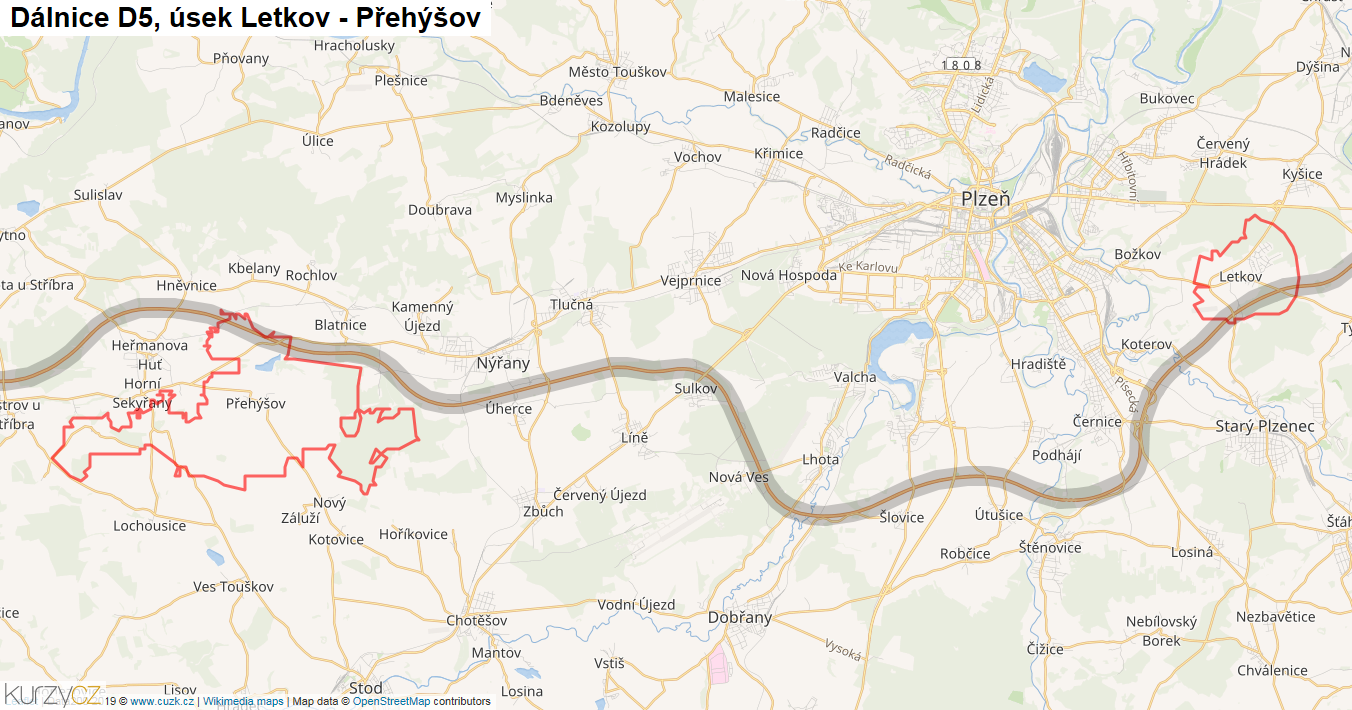 Úsek Letkov - Přehýšov, Dálnice D5 - Mapa