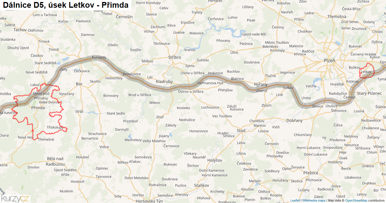 Úsek Letkov - Přimda, Dálnice D5 - Mapa