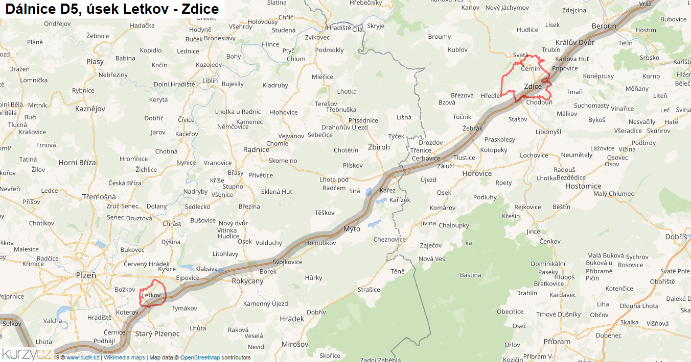 Úsek Letkov - Zdice, Dálnice D5 - Mapa