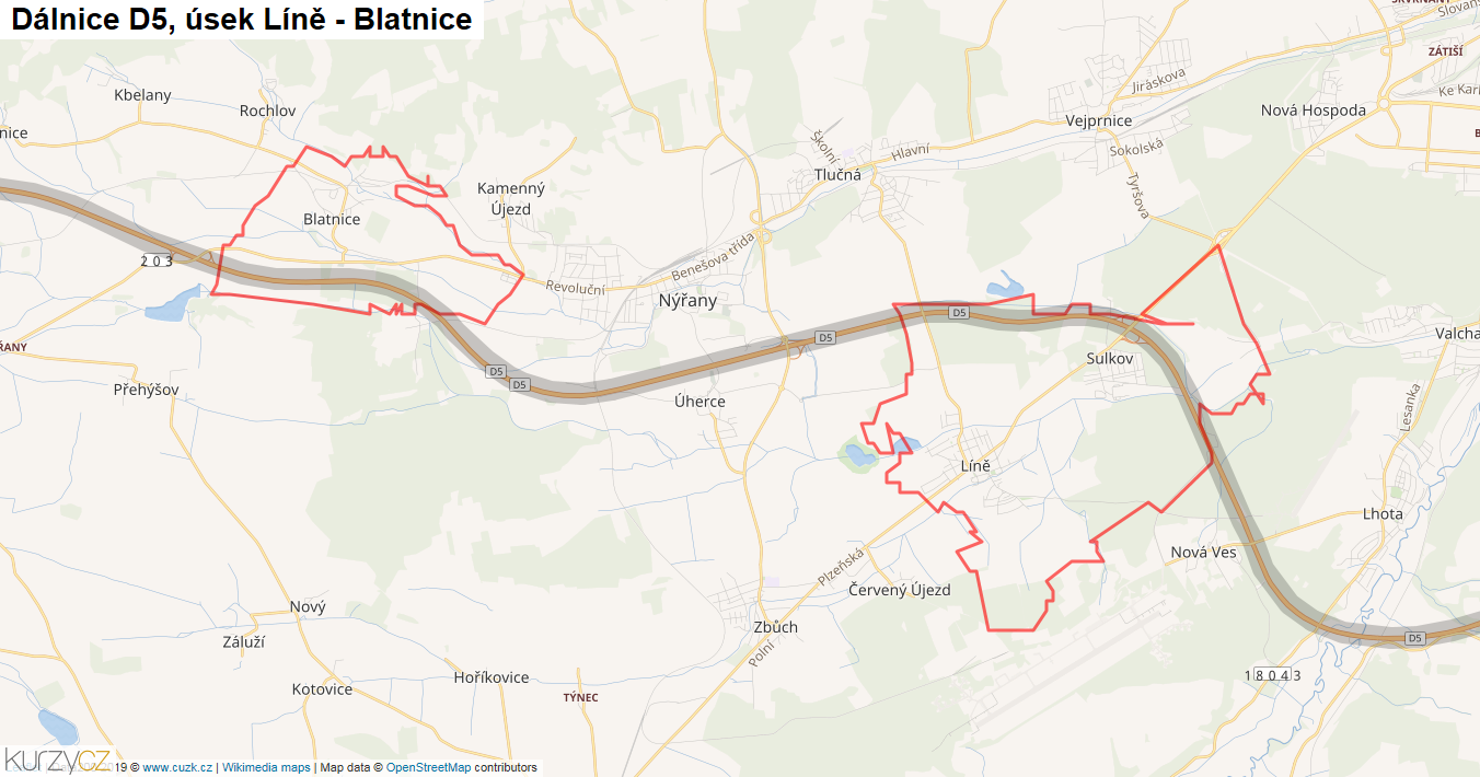 Úsek Líně - Blatnice, Dálnice D5 - Mapa