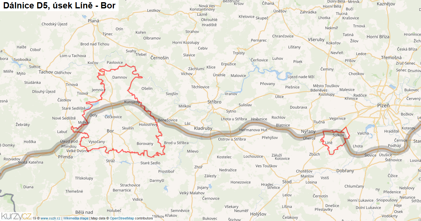 Úsek Líně - Bor, Dálnice D5 - Mapa