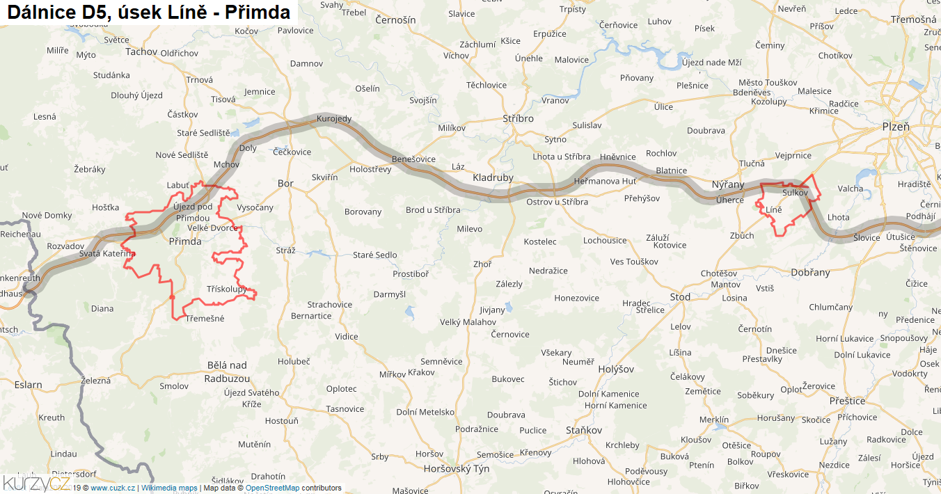 Úsek Líně - Přimda, Dálnice D5 - Mapa
