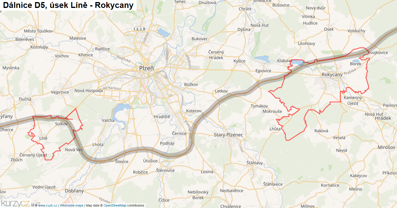 Úsek Líně - Rokycany, Dálnice D5 - Mapa