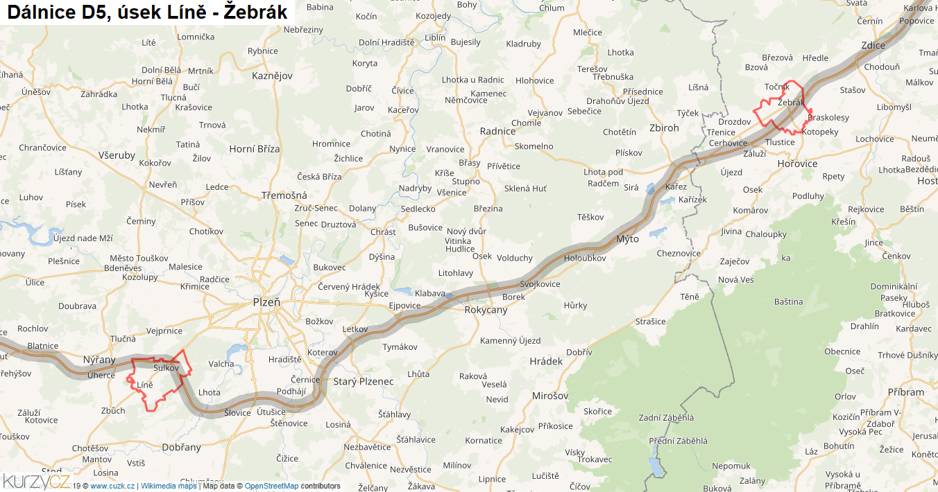 Úsek Líně - Žebrák, Dálnice D5 - Mapa