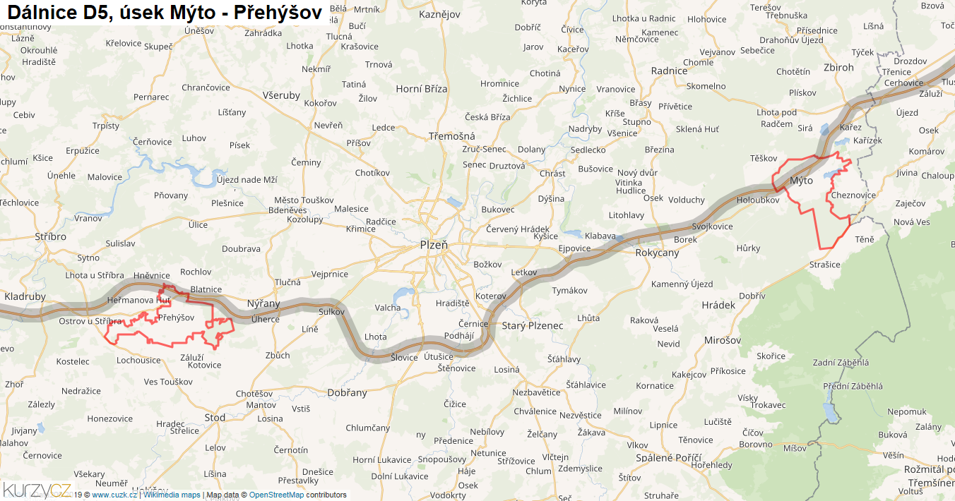 Úsek Mýto - Přehýšov, Dálnice D5 - Mapa