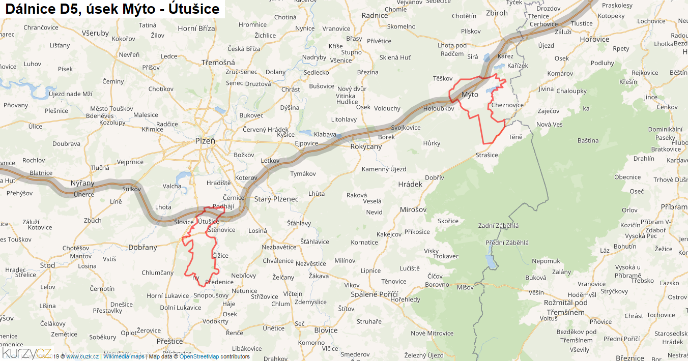 Úsek Mýto - Útušice, Dálnice D5 - Mapa