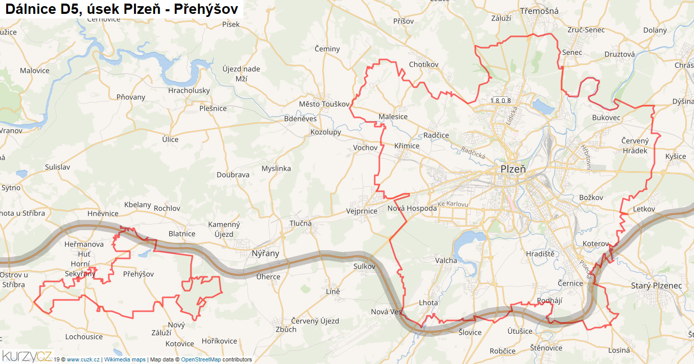 Úsek Plzeň - Přehýšov, Dálnice D5 - Mapa