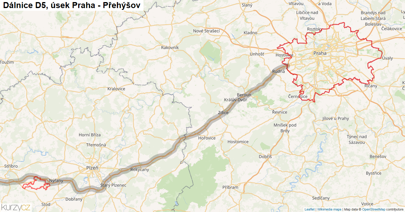 Úsek Praha - Přehýšov, Dálnice D5 - Mapa
