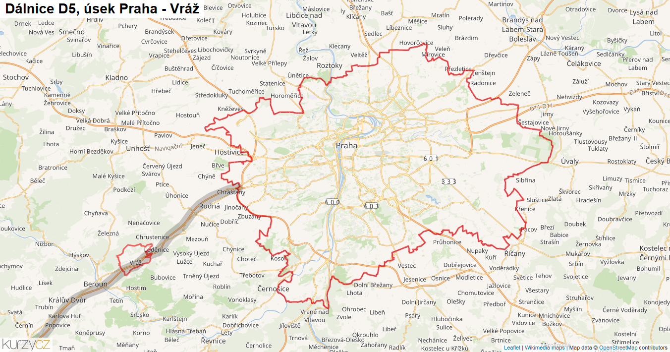 Úsek Praha - Vráž, Dálnice D5 - Mapa