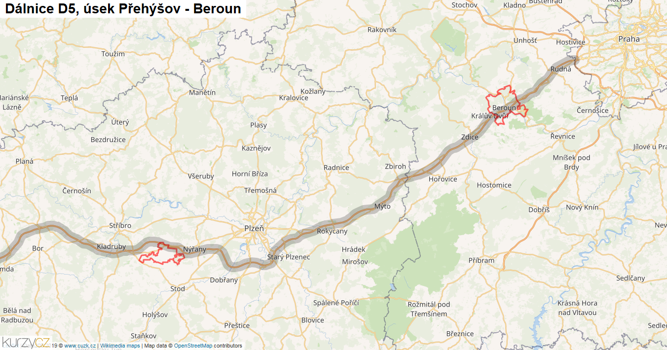 Úsek Přehýšov - Beroun, Dálnice D5 - Mapa