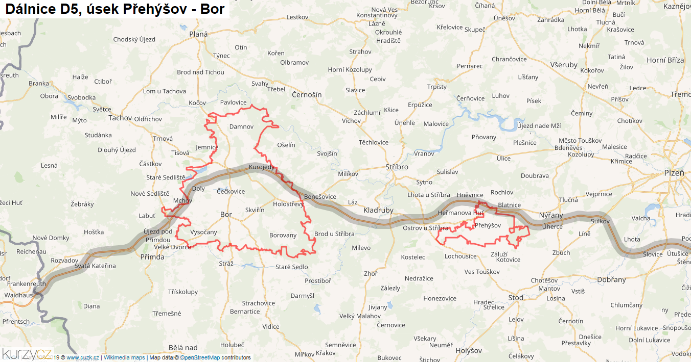 Úsek Přehýšov - Bor, Dálnice D5 - Mapa