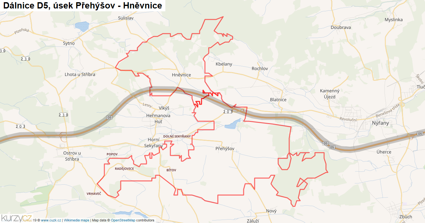 Úsek Přehýšov - Hněvnice, Dálnice D5 - Mapa